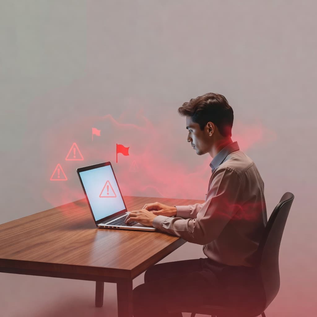 A professional sitting at a wooden desk with a laptop faces a subtle, glowing red warning symbol floating in the air, symbolizing hidden dangers during a remote online job hunt.
