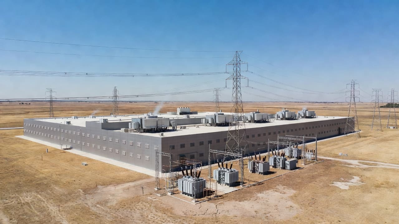 A vast, rectangular industrial building sits within a flat landscape, surrounded by heavy power lines and electrical transformers. The facility infrastructure stretches across the horizon under a clear, bright sky.