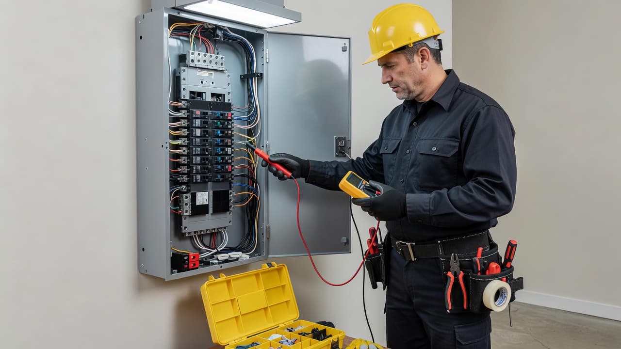 A focused electrician in a crisp uniform uses specialized diagnostic tools to check the neatly organized wires within an open residential breaker box, emphasizing precision and adherence to strict safety standards.