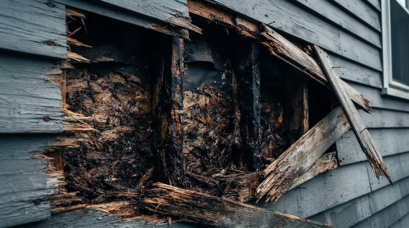 Close-up of rotting siding and water-damaged wood on a house exterior.