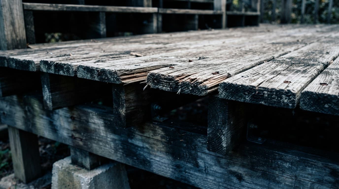Weathered deck boards reveal wood grain and exposed framing joists below.