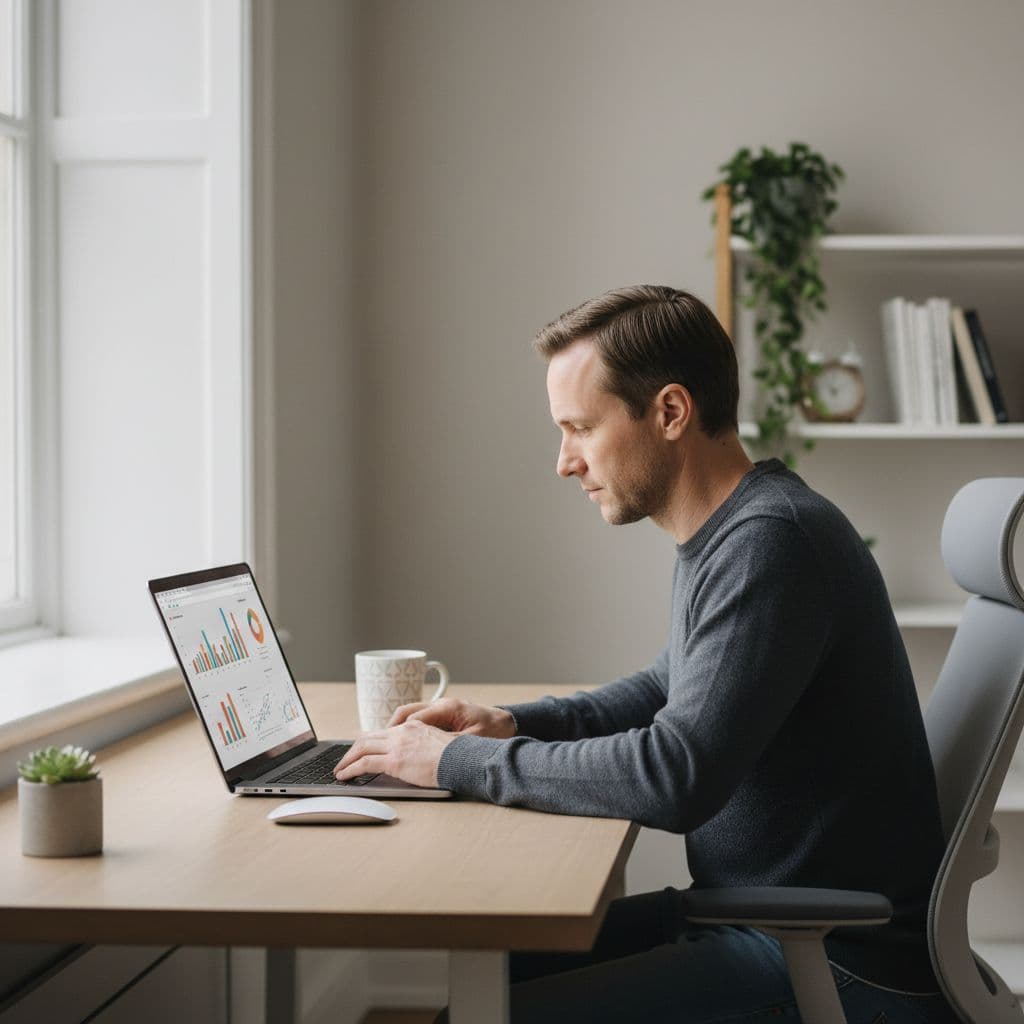 A focused professional works on a laptop at a clean, minimalist desk.