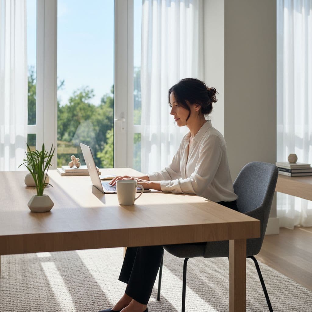 A person works on a laptop at a tidy wooden desk in a sunlit home office.