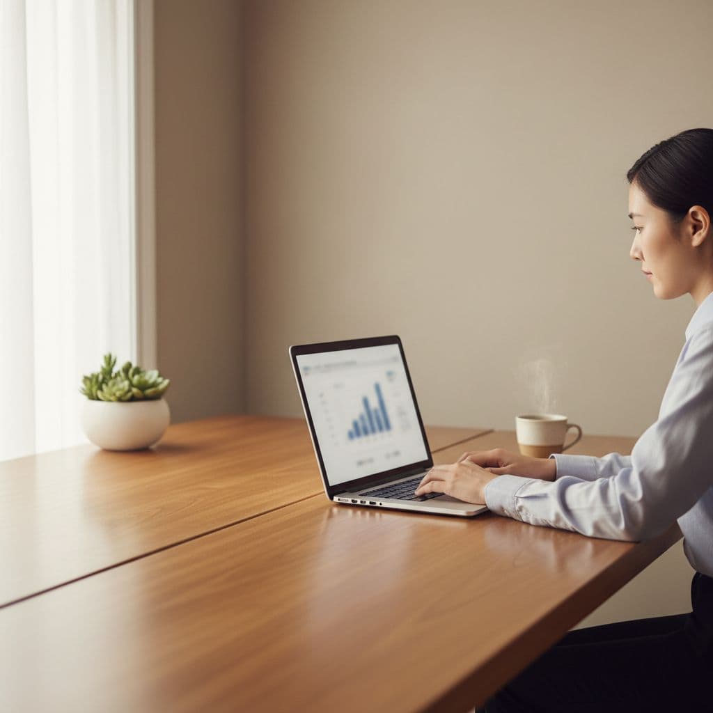 A person works on an open laptop at a clean, sunlit wooden desk.