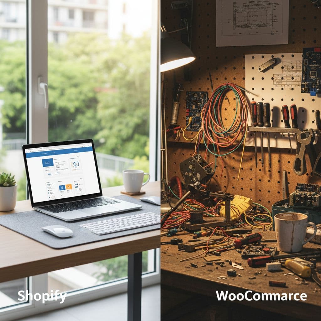 A split screen comparing a minimalist, organized desk with a complex, tool-filled workbench.