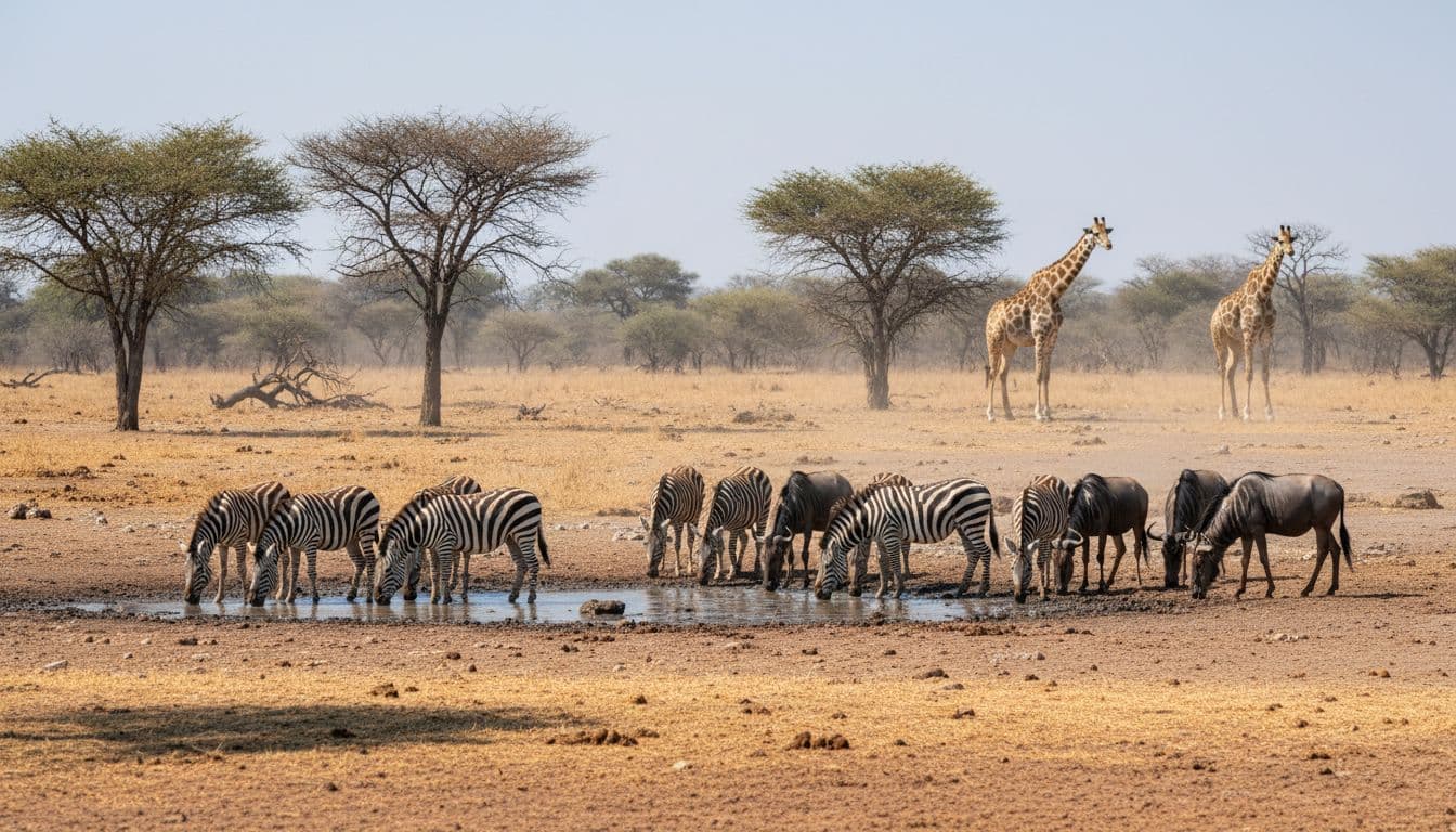 Herd of zebras and wildebeest drinking at a waterhole in Botswana's dry season savanna, with two giraffes in the background amid dry dusty ground, sparse yellow grass, and thorny acacia trees under intense midday sunlight.