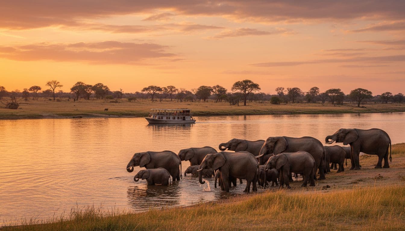 Herd of 8-10 elephants with calves drinks at Chobe River edge during golden hour sunset, vast savanna with acacia trees and distant river cruise boat.