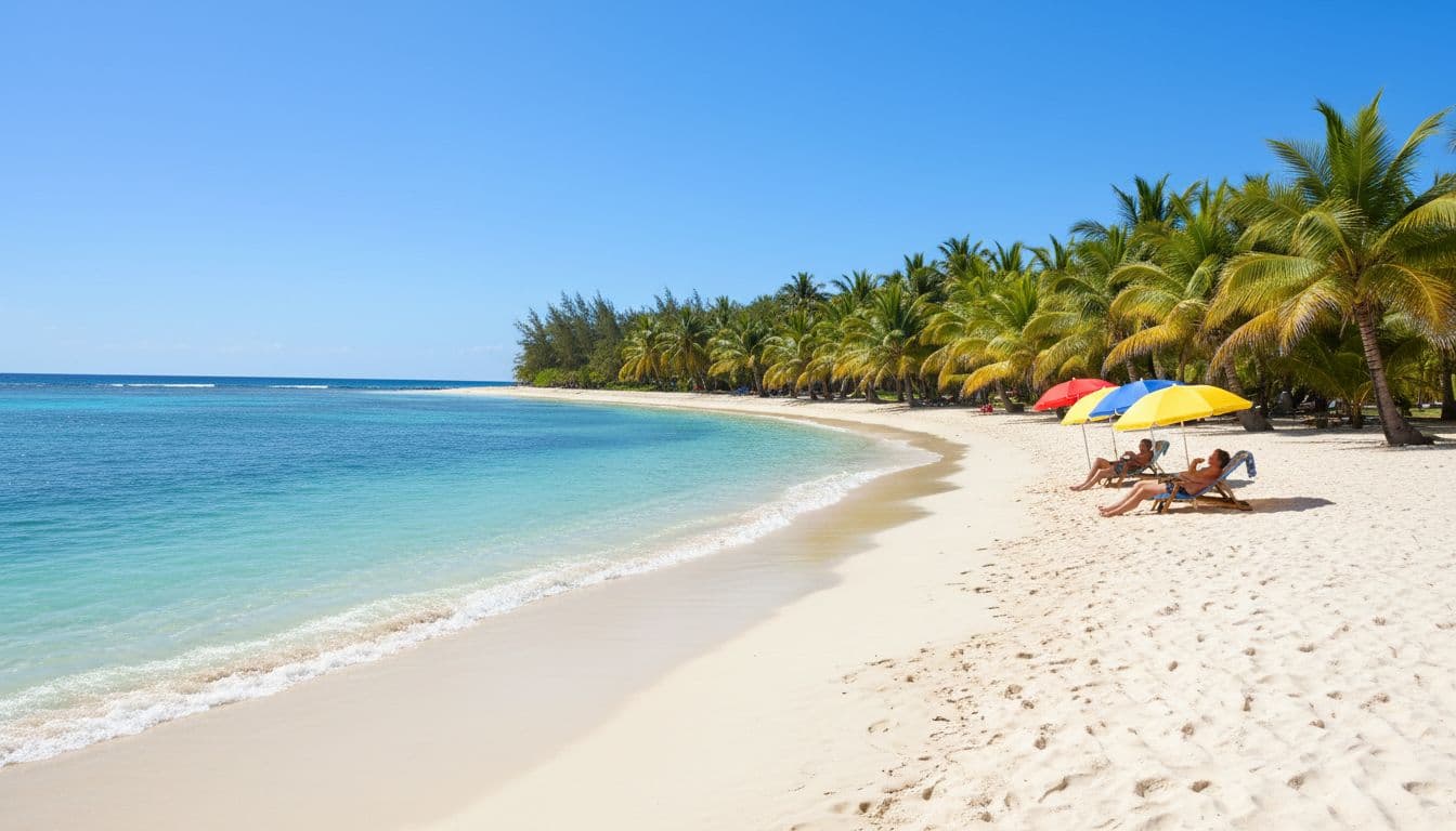 Turquoise sea meets fine white sand on Mauritius north coast with palm trees, colorful umbrellas, clear sky, and two distant people in beach chairs.