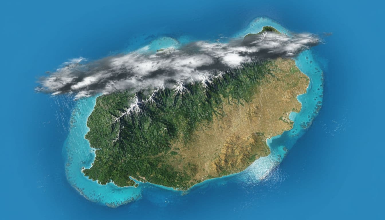 Aerial view of Mauritius island with central mountains blocking trade wind clouds, heavy rain on east coast, and sunny west coast.