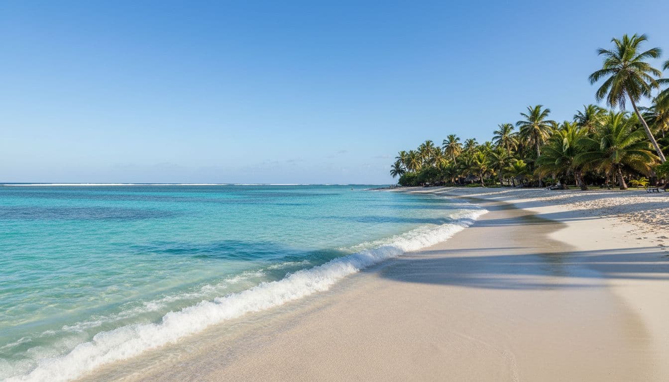 White sand beach with turquoise lagoon, palm trees, gentle waves lapping shore, clear blue sky, distant coral reef.