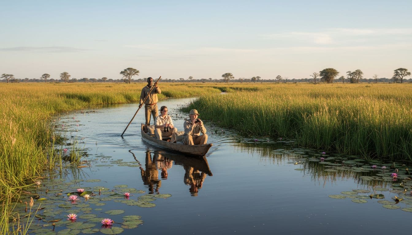 A guide poles a traditional mokoro dugout canoe with two passengers observing wildlife through shallow channels lined with tall papyrus reeds and water lilies in the Okavango Delta, under soft morning golden light.