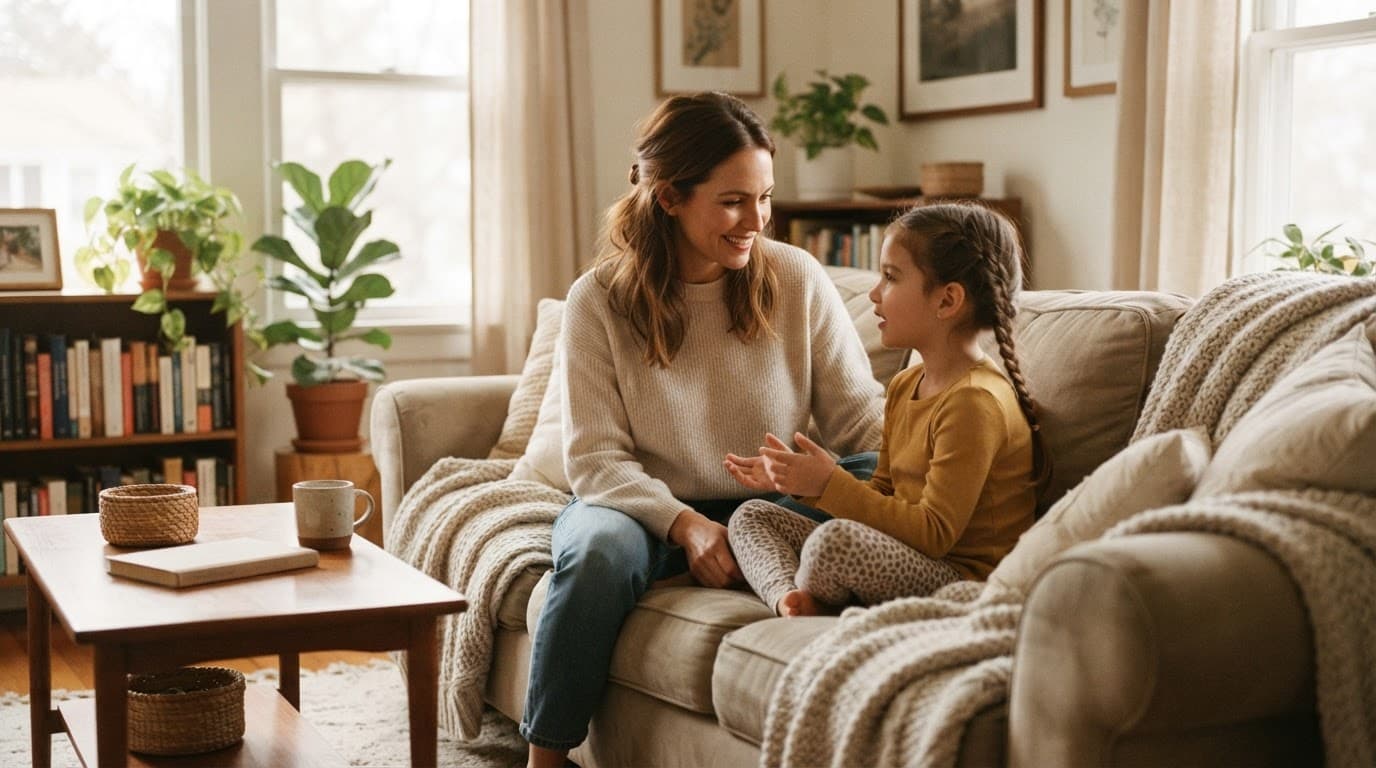 Un adulto y un niño conversan en una sala acogedora iluminada por luz natural.