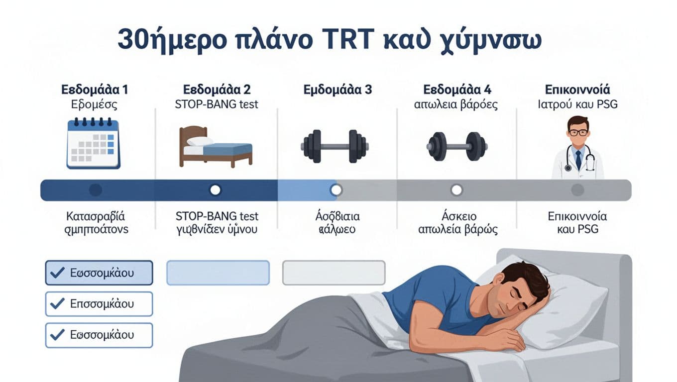 TRT και sleep apnea (ροχαλητό), τι αλλάζει, πότε να κάνεις μελέτη ύπνου, πρακτικό πλάνο 30 ημερών 2 Flat design ιατρική infographic στα Ελληνικά για 30ήμερο πλάνο TRT και βελτίωσης ύπνου, με οριζόντια timeline 4 εβδομάδων (καταγραφή συμπτωμάτων, STOP-BANG, άσκηση, PSG) και checklist 5 επιλογών, μπλε-γκρι παλέτα σε λευκό φόντο.