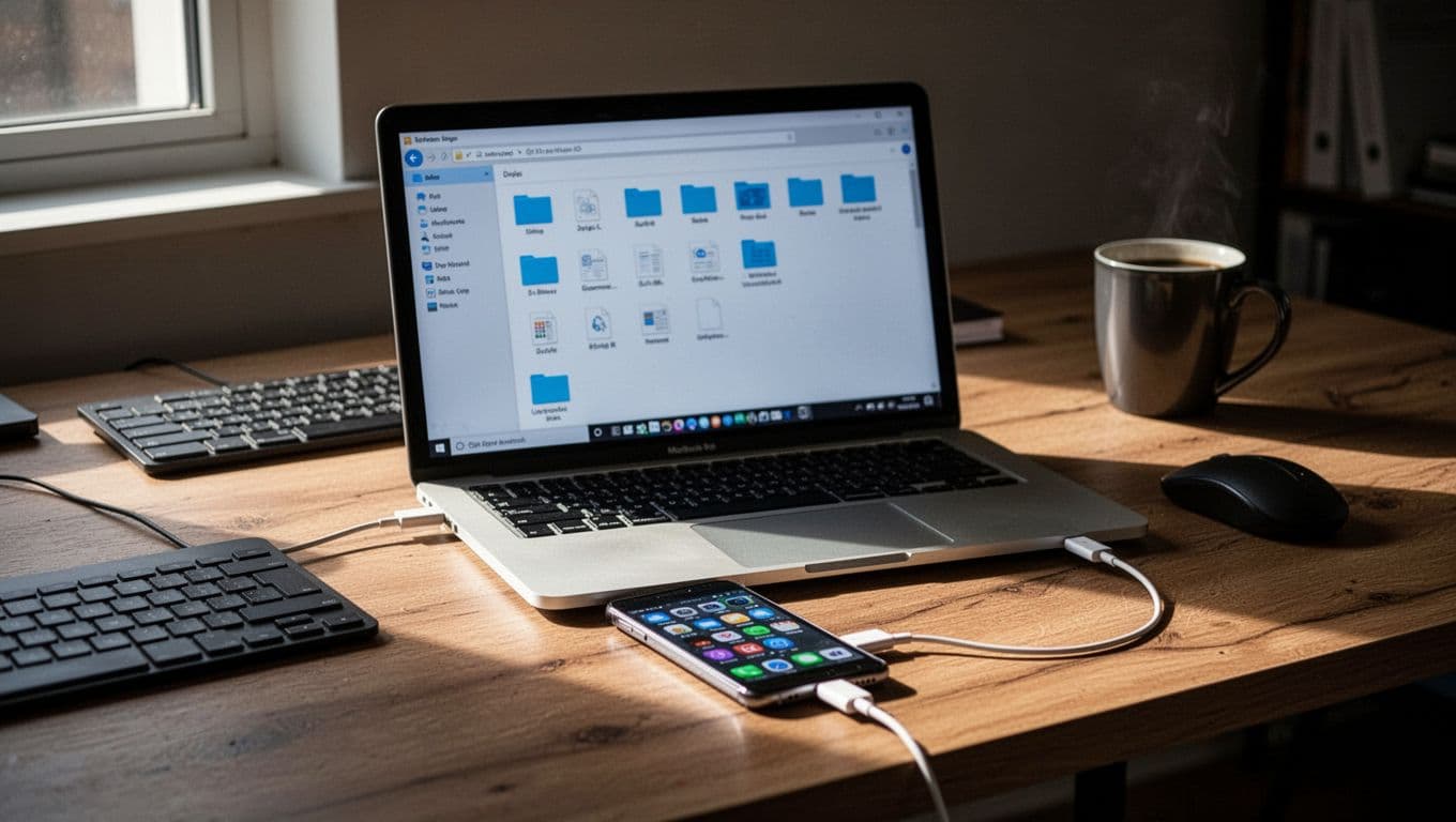 Laptop screen shows MyPhoneExplorer interface displaying Android phone's organized photos, videos, and documents folders. USB cable connects phone on wooden desk with keyboard, mouse, and coffee mug.