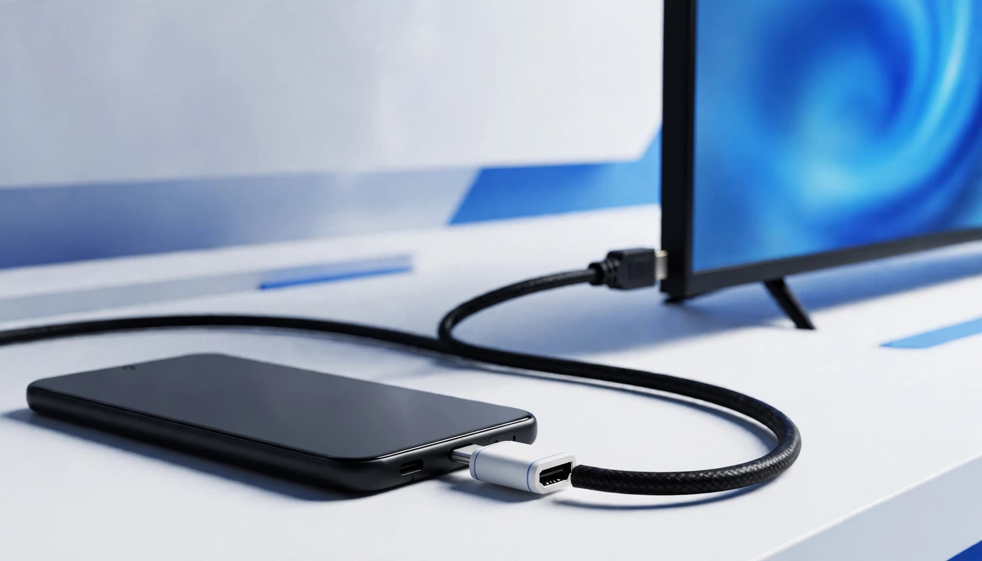 Smartphone Android συνδεδεμένο με HDMI σε τηλεόραση μέσω προσαρμογέα USB-C.