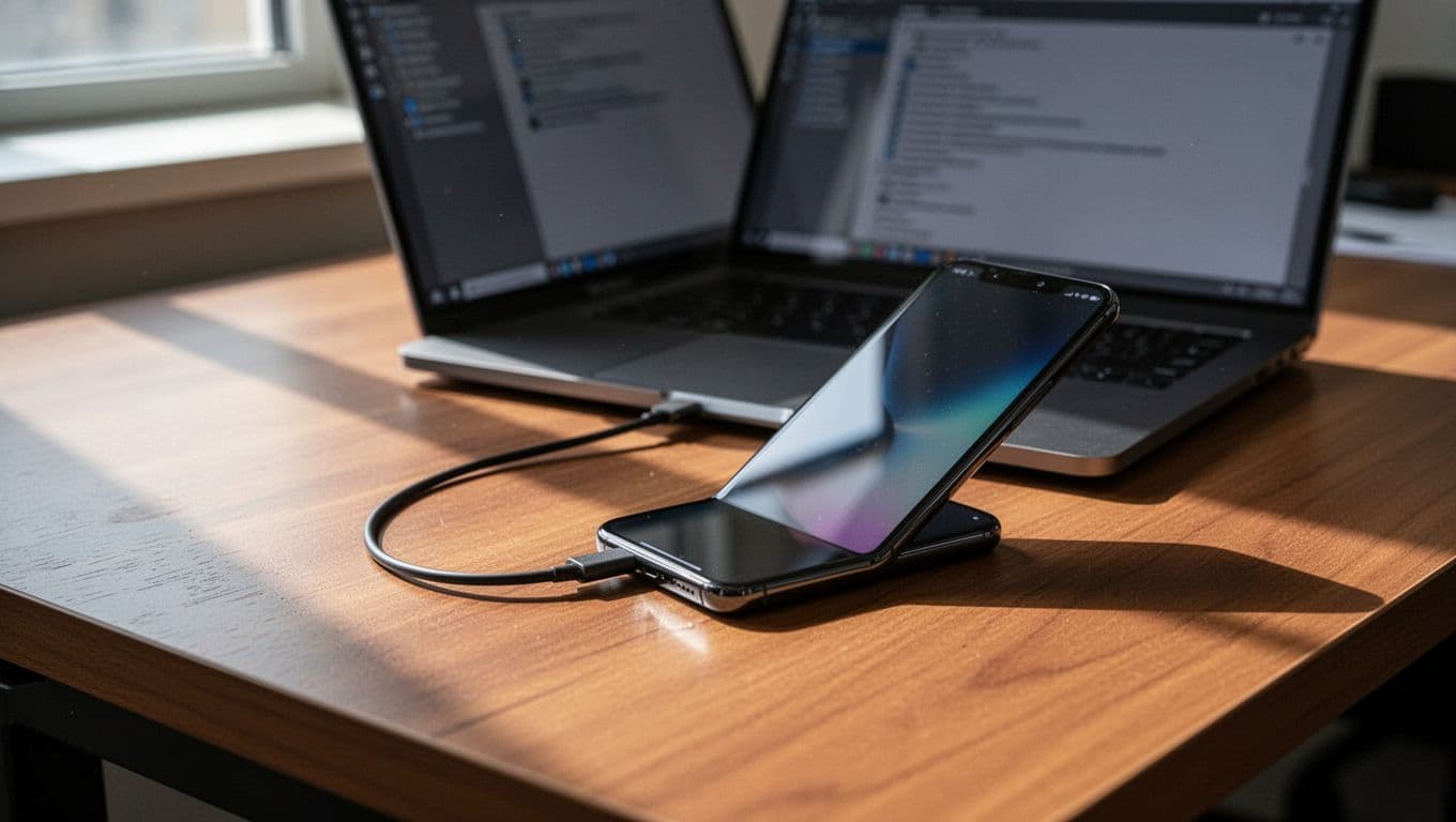 Android smartphone links to angled Windows laptop screen via short USB-C cable on wooden desk.