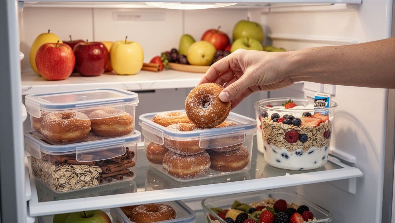 Fitness Συνταγή: Baked Doughnuts με Μήλο και Κανέλα 3 Photorealistic meal prep scene in a bright morning kitchen with an open fridge containing Tupperware of baked apple cinnamon donuts alongside healthy snacks like fruit oats and protein yogurt. A single hand places a donut into a container on a clean counter with fruits, soft natural light, detailed textures, warm tones.