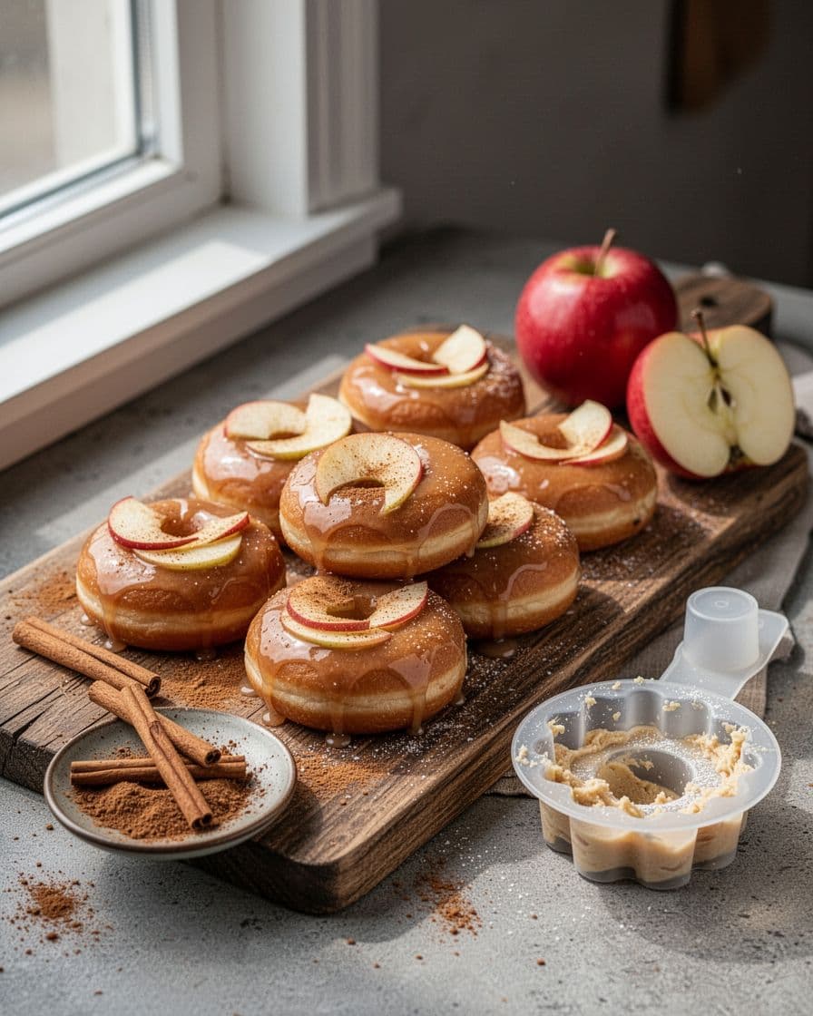 Fitness Συνταγή: Baked Doughnuts με Μήλο και Κανέλα 2 Photorealistic food photography of 6-8 freshly baked apple cinnamon donuts with glossy cinnamon glaze and thin apple slices on a rustic wooden kitchen board, beside a plate of ground cinnamon, half red apple, and silicone donut mold with batter. Warm tones, natural window light, shallow depth of field focused on donuts, high texture detail, minimal composition.