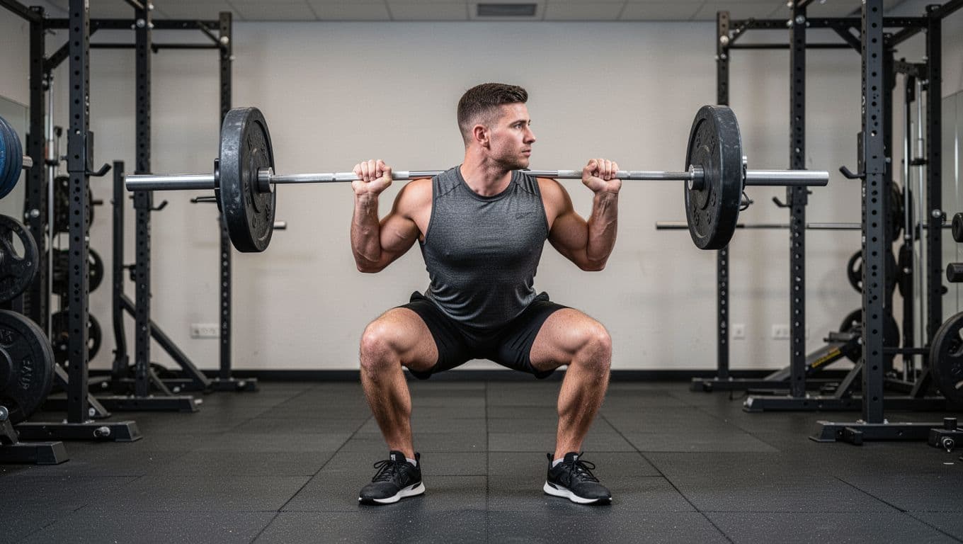 Προπόνηση Ανά Μυϊκή Ομάδα ή Κυκλικό Πρόγραμμα; Τι Δουλεύει Καλύτερα 2 Side profile of a fit athlete performing a barbell back squat in a gym, demonstrating correct form with bar on upper back, knees over toes, and upright torso.
