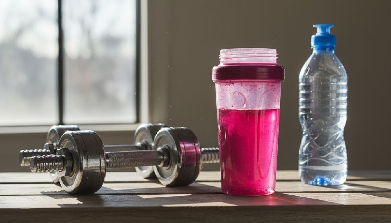 Beetroot Powder Pre-Workout: Δοσολογία και Timing για Αντοχή 1 Shaker bottle half-filled with pink beetroot powder dissolved in water on a wooden gym bench next to dumbbells and a water bottle, bathed in natural morning light. Realistic high-detail photography style with no text, people, or logos.