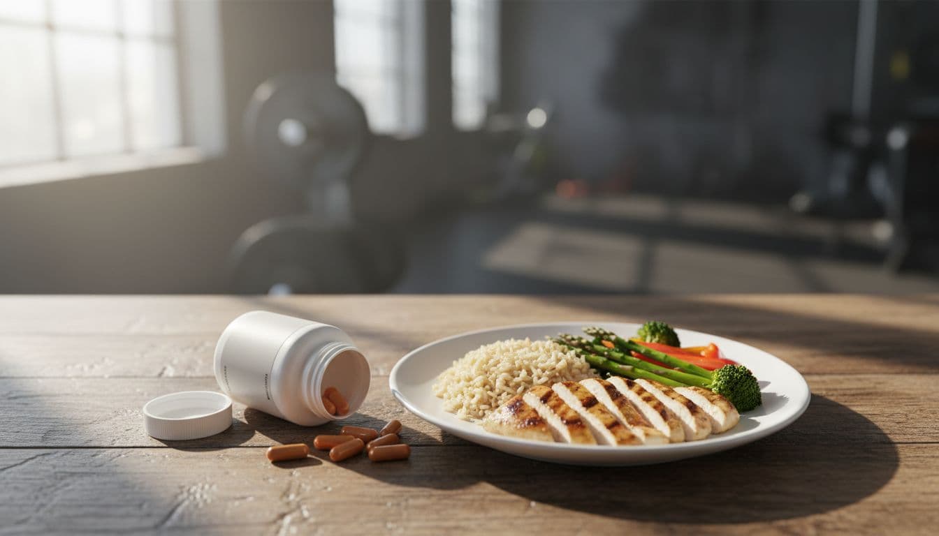 Berberine Δοσολογία Και Πότε Να Το Παίρνεις Σωστά 1 Box of berberine supplement capsules next to a plate of healthy chicken, rice, and vegetables on a wooden gym table under bright morning light, realistic landscape view with only two objects.