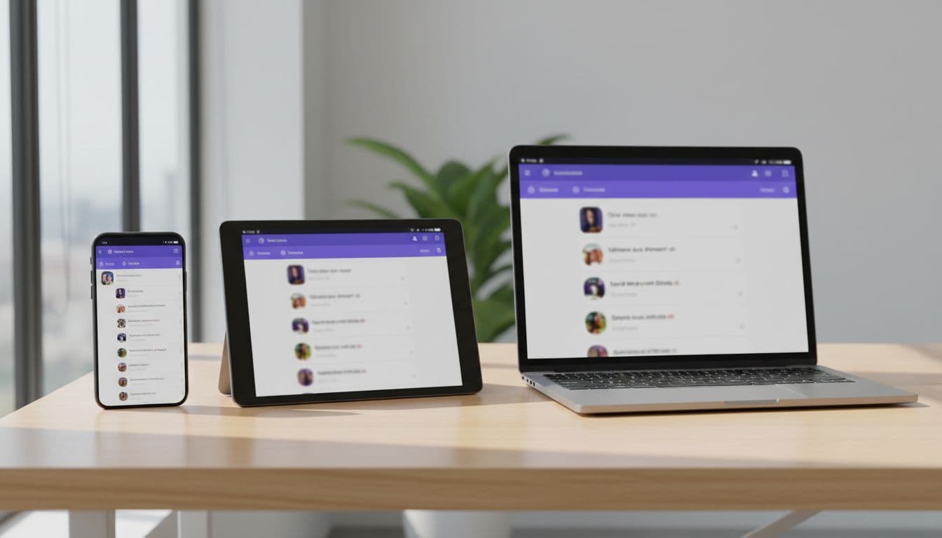 Smartphone, tablet, and laptop arranged side by side on a wooden desk, each screen showing a blurred Viber-like messaging app chat list interface, natural daylight lighting, clean modern composition with exactly three devices and no additional objects.