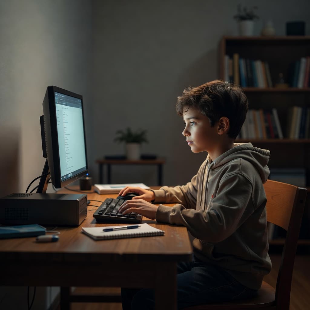 A focused preteen boy sits at a clean wooden desk, attentively viewing the illuminated screen of a laptop. Soft cinematic light highlights his calm expression within a tidy residential study environment.