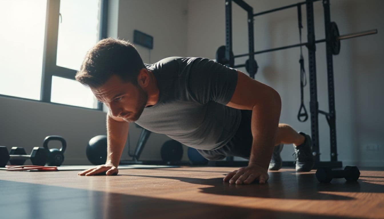 Προπόνηση Ανά Μυϊκή Ομάδα ή Κυκλικό Πρόγραμμα; Τι Δουλεύει Καλύτερα 1 A single person performs intense push-ups mid-motion in a home gym circuit training setup, with visible sweat, wooden floors, nearby equipment, and bright natural light creating a motivational fitness scene.