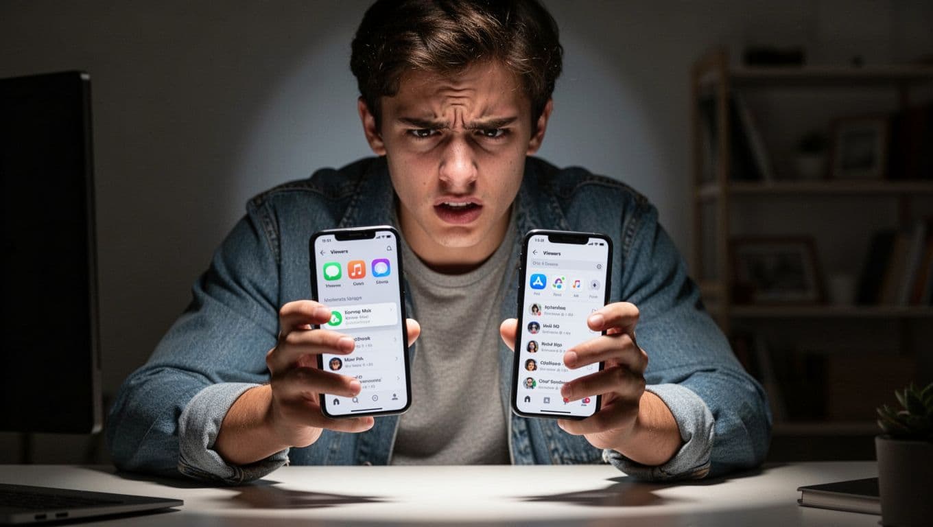 Confused young adult in casual clothes sitting at desk with two smartphones: left shows Snapchat story viewer list with red eye symbols, right shows Instagram close friends green ring viewer list, frustrated expression, cinematic lighting.