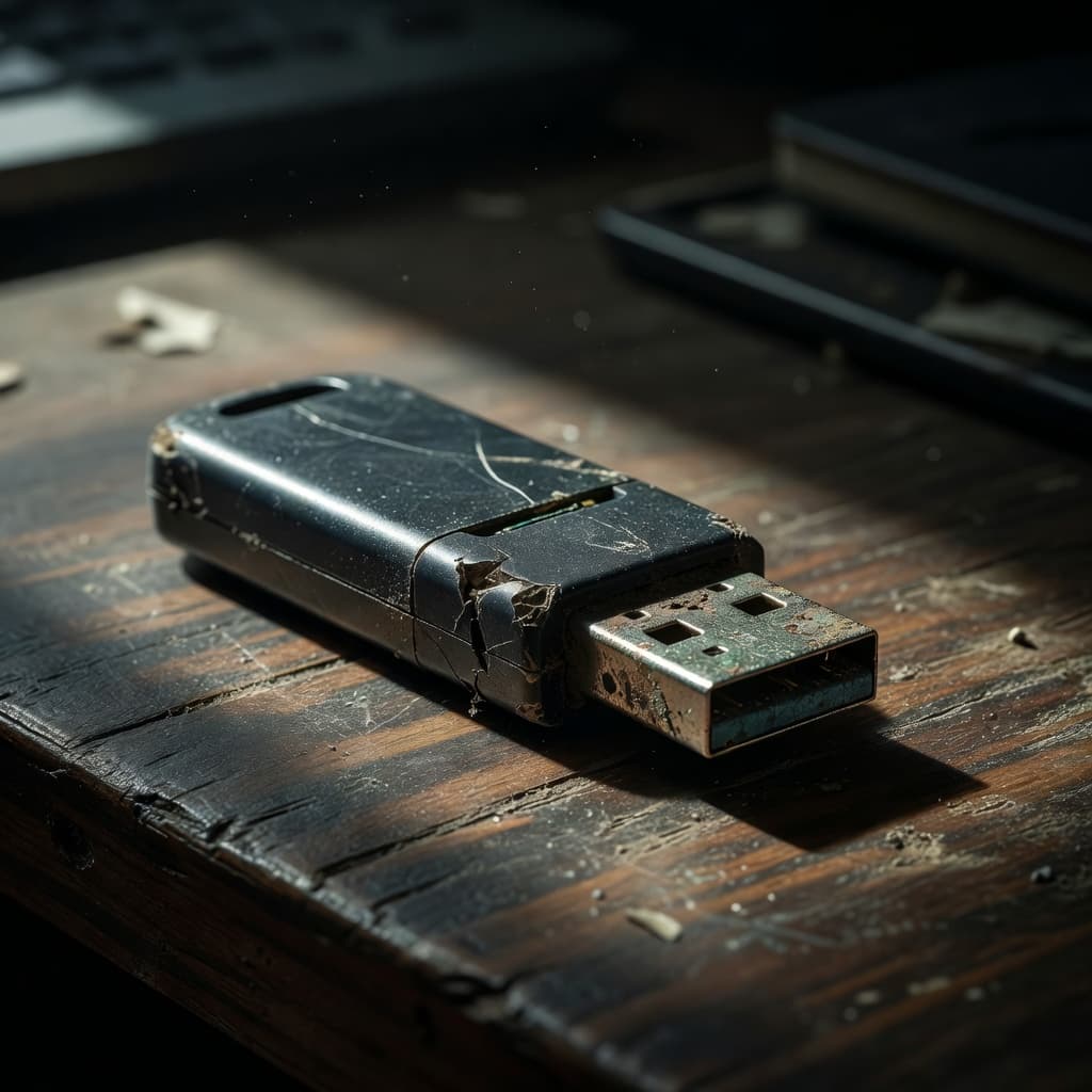 A weathered USB drive sits on a dark wooden desk, showcasing a scratched plastic casing and an oxidized metal connector.
