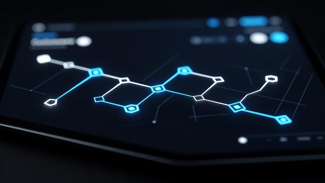 A glowing luminous line winds across a deep blue digital screen, marking a progression of circular waypoints. Soft bokeh light circles blur in the dark background to create professional cinematic depth.