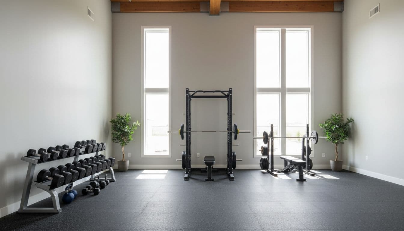 Alpha-GPC Δοσολογία Πριν Την Προπόνηση: Timing, Ζάλη Και Πώς Να Τη Διορθώσεις 4 A realistic, clean gym interior equipped for full body training with squat rack, bench press, and dumbbells, lit by natural light from windows. Landscape view with no people or text.