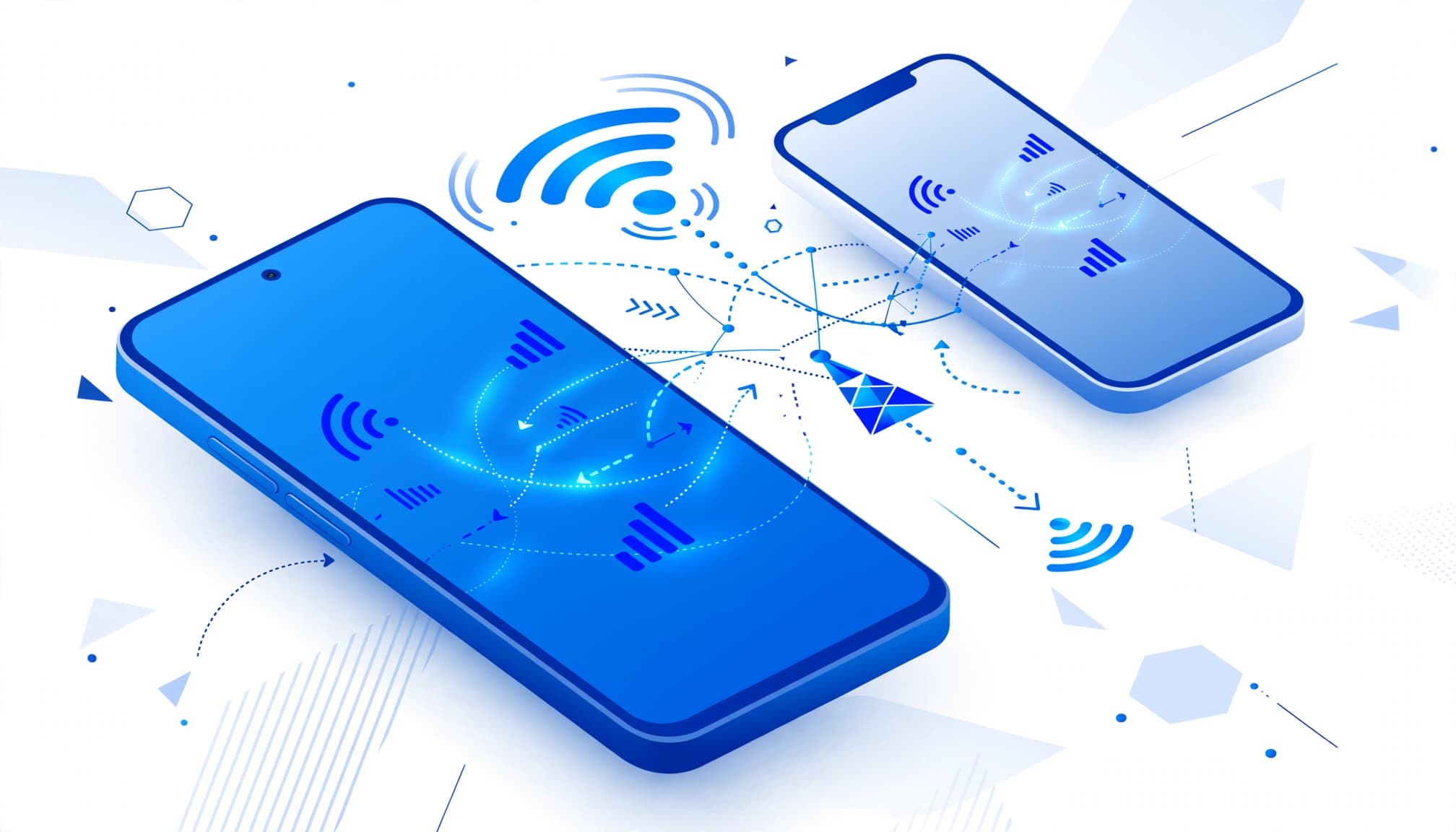 Δύο smartphones πλαισιώνονται από μπλε διαδρομές δικτύου σε λευκό φόντο.