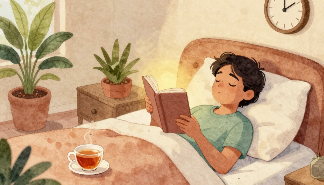 Τα καλύτερα συμπληρώματα πριν τον ύπνο: πρακτικός οδηγός επιλογής και ασφάλειας 3 Illustration of a person doing evening routine for better sleep: reading a book, no screens, dim light, cup of herbal tea nearby, relaxed pose on couch transitioning to bed, hand-drawn style in soft watercolor, warm inviting mood, detailed background with plants and clock, no text, landscape composition.