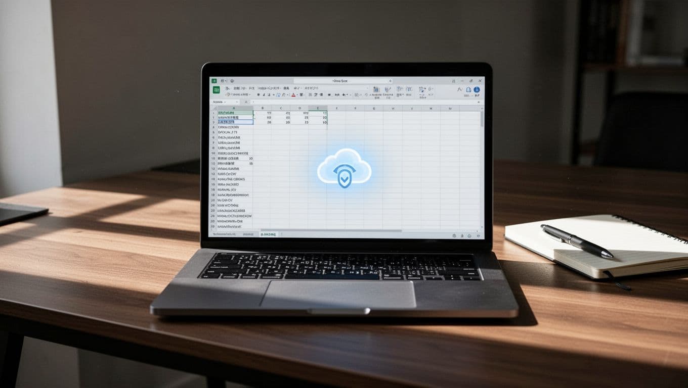 Laptop screen shows autosave indicator and syncing OneDrive cloud icon above simple spreadsheet on desk with notebook.