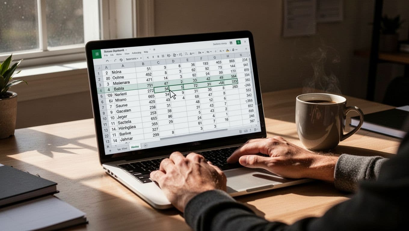Laptop screen shows simple Excel spreadsheet with names in one column and numbers in others, hands resting on keyboard near coffee mug on desk.