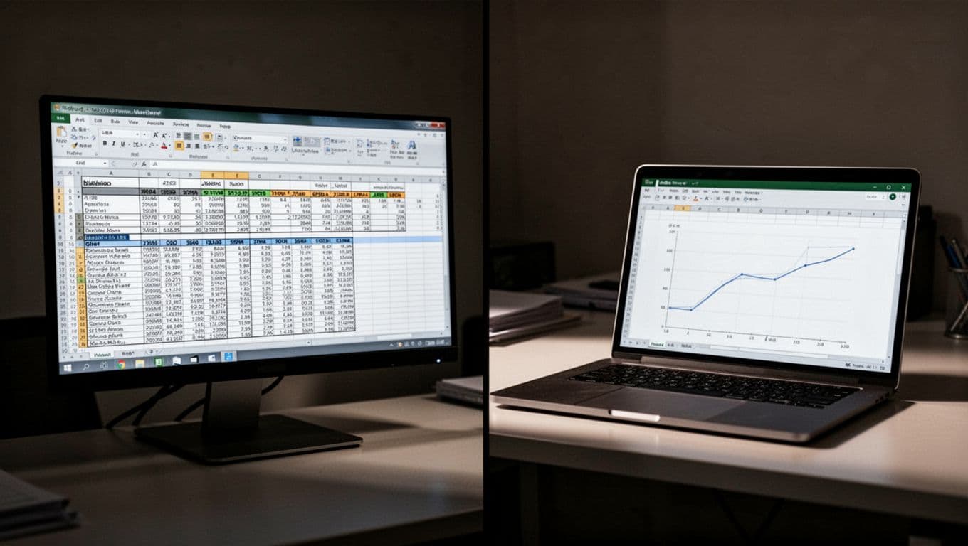Split screen on office desk: left monitor shows advanced Excel with pivot table and macros, right laptop displays basic online sheet and chart.