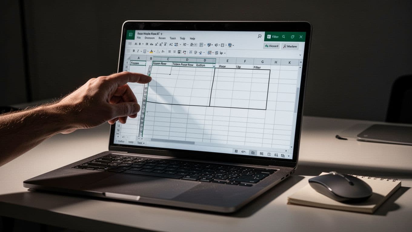 Hand drags column edge on laptop screen displaying Excel Online spreadsheet with wide columns, frozen top row, and active filters on modern desk.