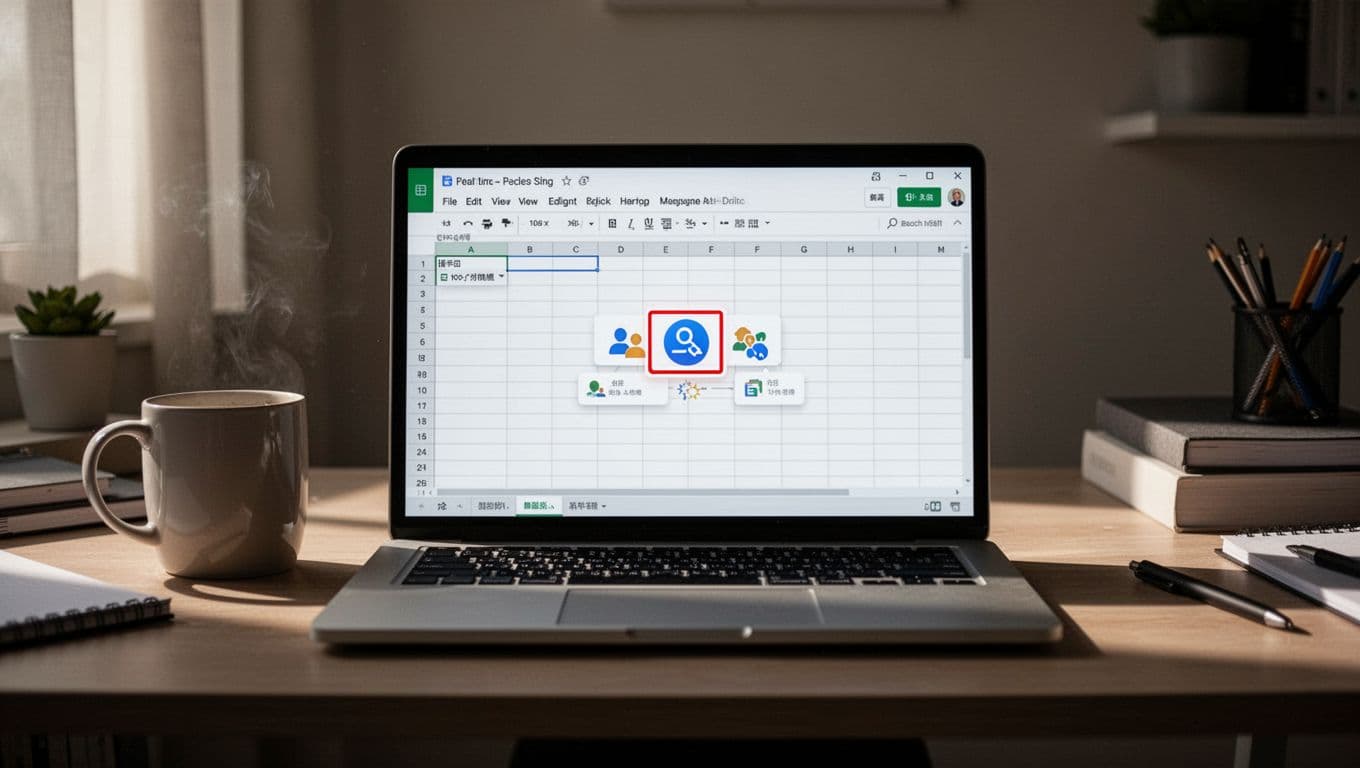 Laptop screen displays Excel Online sharing menu with highlighted share button and real-time collaboration icons; home desk with coffee mug.