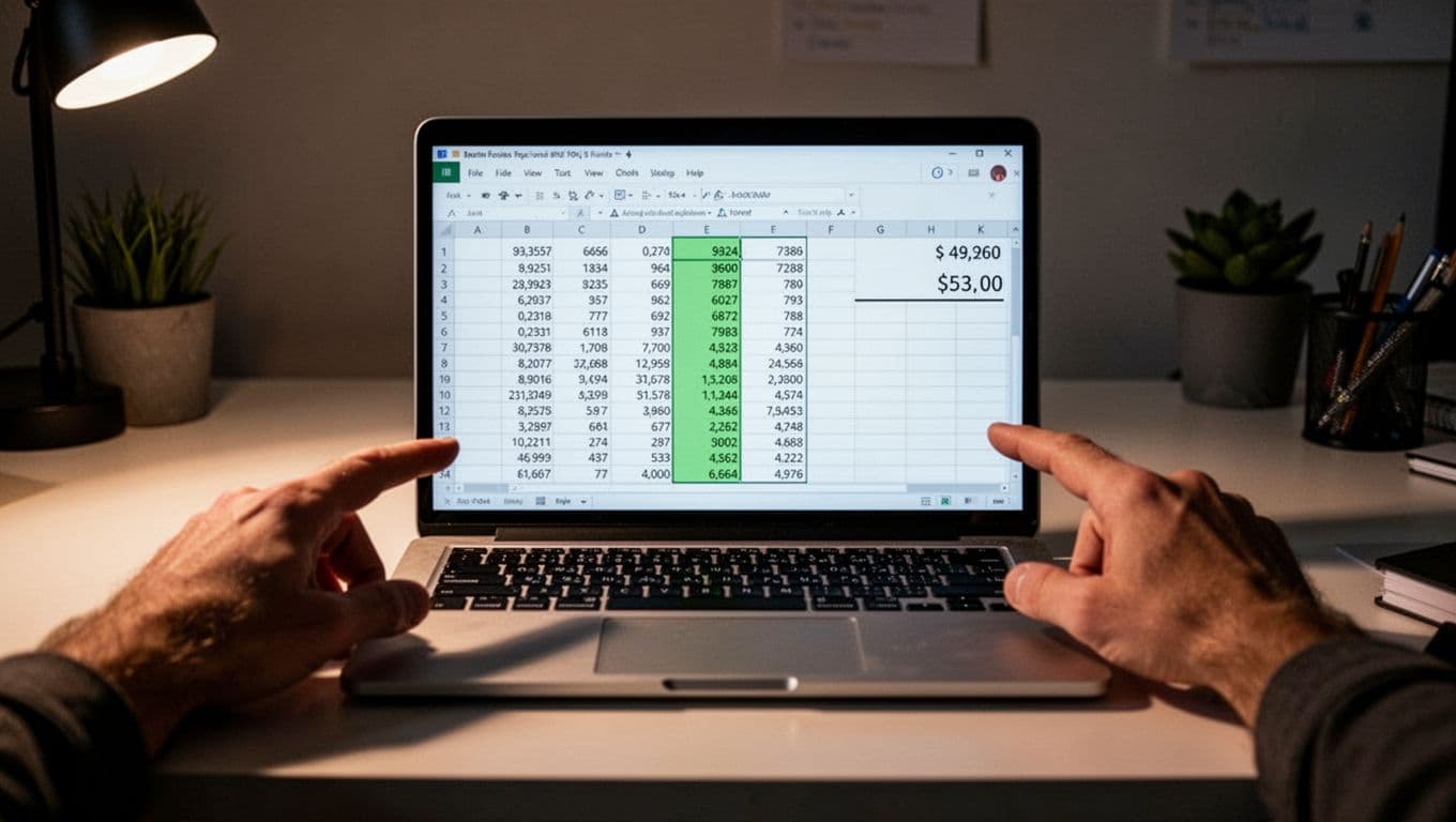 Laptop screen shows Excel Online with SUM formula, highlighted A1:A5 range with numbers, and result. Hands point at screen on clean home office desk.