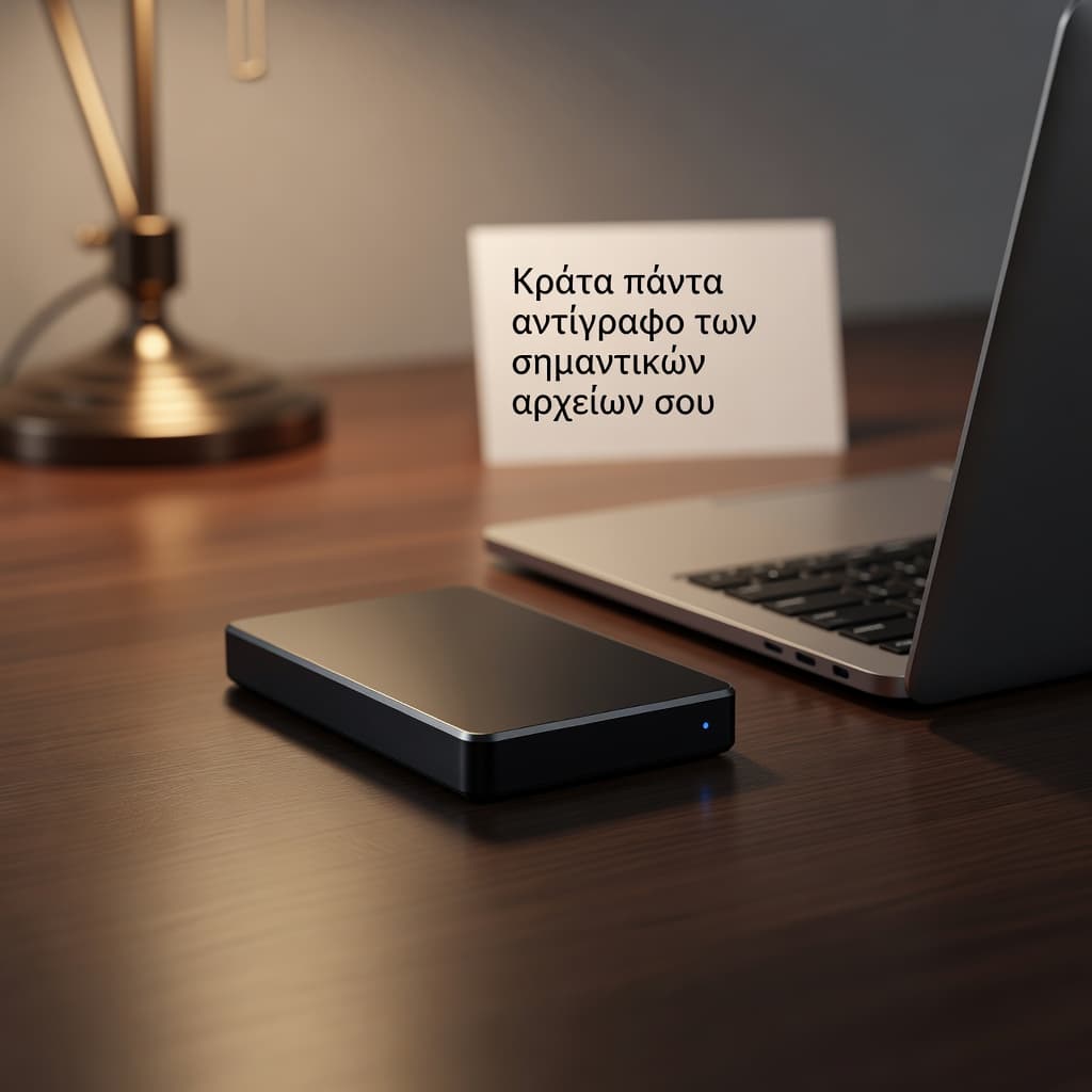 A sleek silver hard drive sits on a dark desk surface beside a partially visible laptop. Warm golden light highlights the drive casing while the background remains in a soft blur.