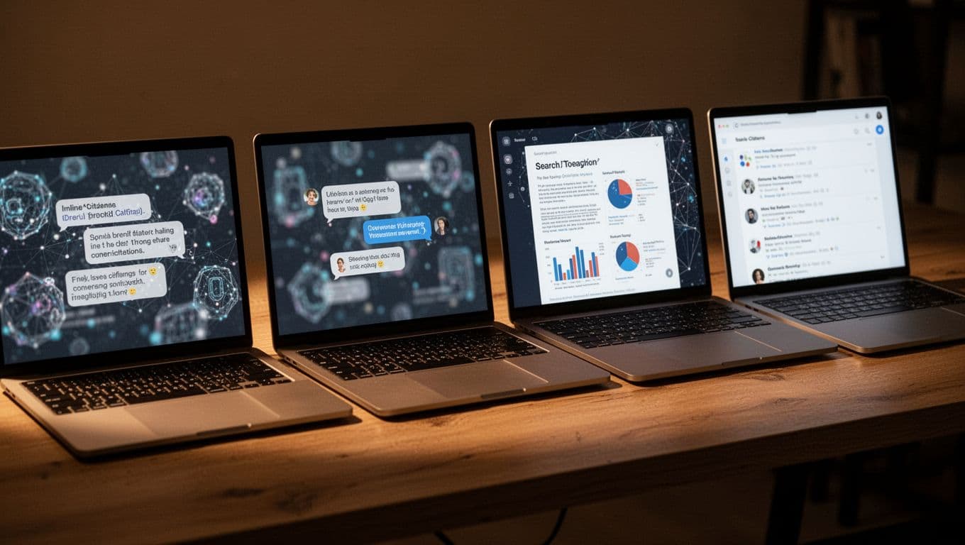 Four modern laptops side by side on wooden desk under warm dramatic lighting, screens blurred with AI interfaces.