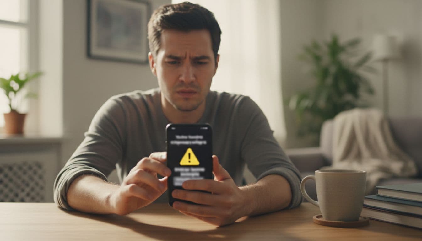 Person looking frustrated at smartphone screen showing blurred Viber backup settings with warning icon, sitting at desk with coffee mug nearby, natural indoor daylight lighting, realistic photography style.