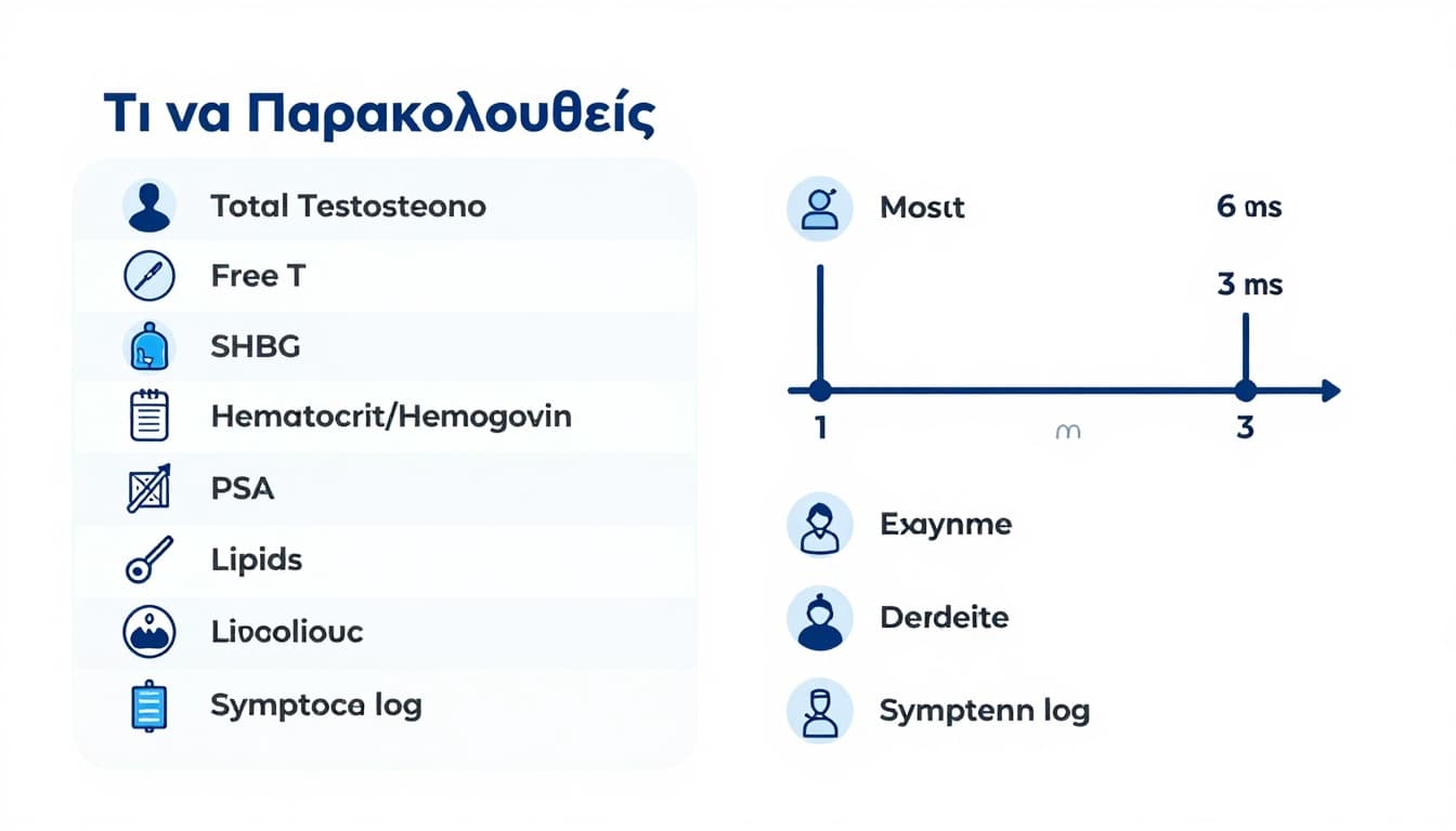 TRT με μικρο-δόσεις (daily ή EOD), ποιοι κερδίζουν στα συμπτώματα, ποιοι όχι, τι να παρακολουθείς 3 Clean medical-style Greek infographic in landscape format for monitoring TRT micro-dosing, featuring a checklist of biomarkers like Total Testosterone, Estradiol, Hematocrit, and a blood test timeline from baseline to 3 months.