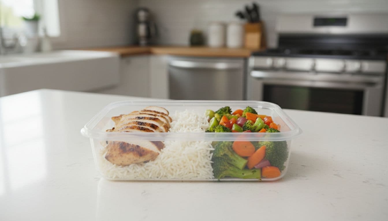 Alpha-GPC Δοσολογία Πριν Την Προπόνηση: Timing, Ζάλη Και Πώς Να Τη Διορθώσεις 2 Fresh high-protein meal prep in a transparent container featuring grilled chicken breast, basmati rice, broccoli, and vegetables on a kitchen counter with natural light.