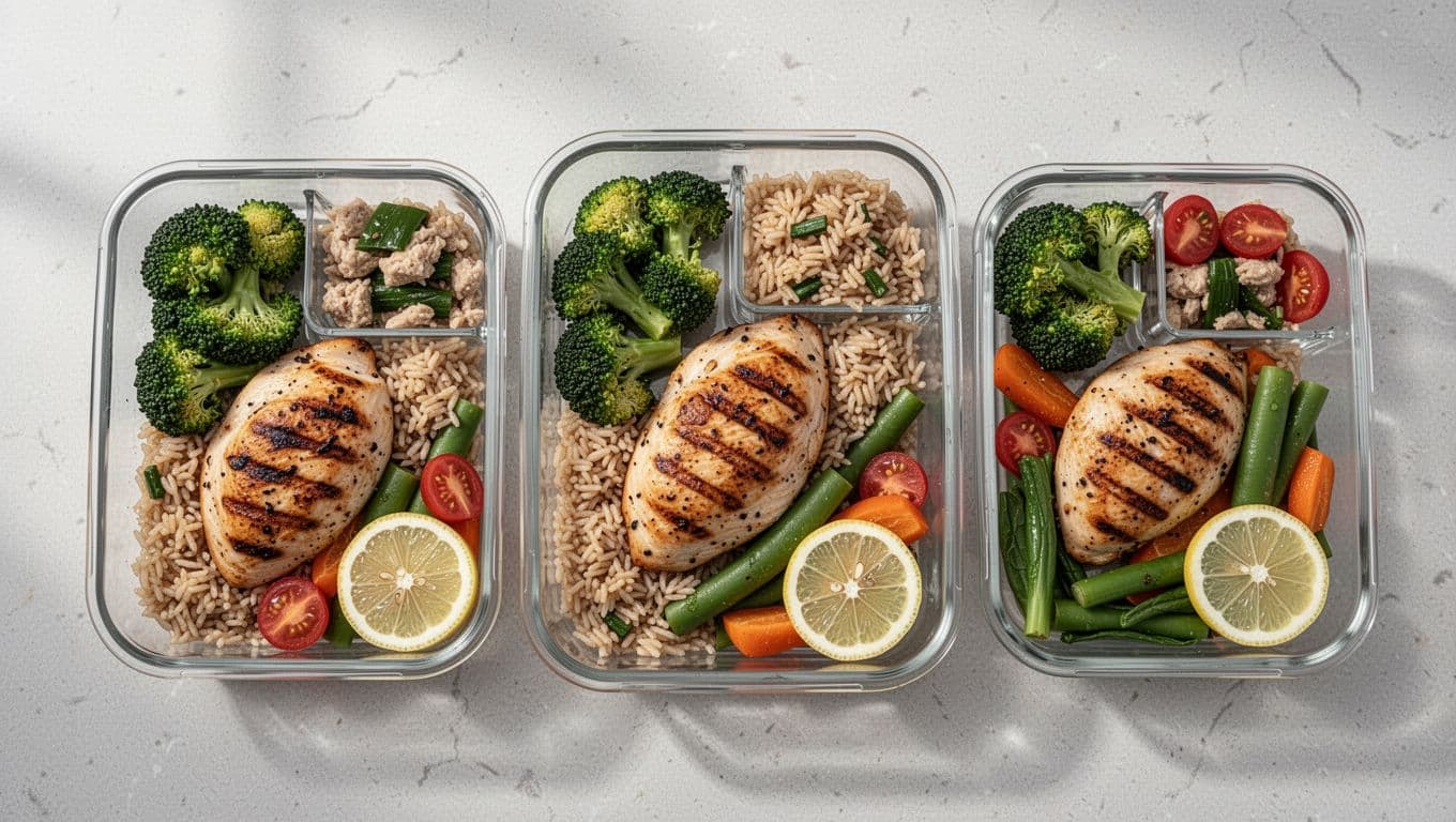 Προπόνηση Ανά Μυϊκή Ομάδα ή Κυκλικό Πρόγραμμα; Τι Δουλεύει Καλύτερα 3 Three meal prep containers on a kitchen counter with grilled chicken breast, steamed broccoli, brown rice portions, fresh vegetables, and lemon slices. Appetizing top-down view in natural daylight, realistic food photography with no people, text, labels, or watermarks.