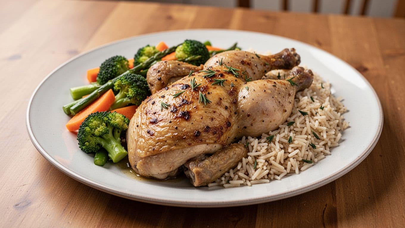 Ληγμένα Τρόφιμα: Ποια Πρέπει Να Πετάτε Αμέσως Σύμφωνα Με Τους Ειδικούς 2 Κοντινό πλάνο υγιεινής συνταγής με ψητό κοτόπουλο, ρύζι και λαχανικά σε πιάτο, ζεστός φωτισμός και καθαρή σύνθεση.