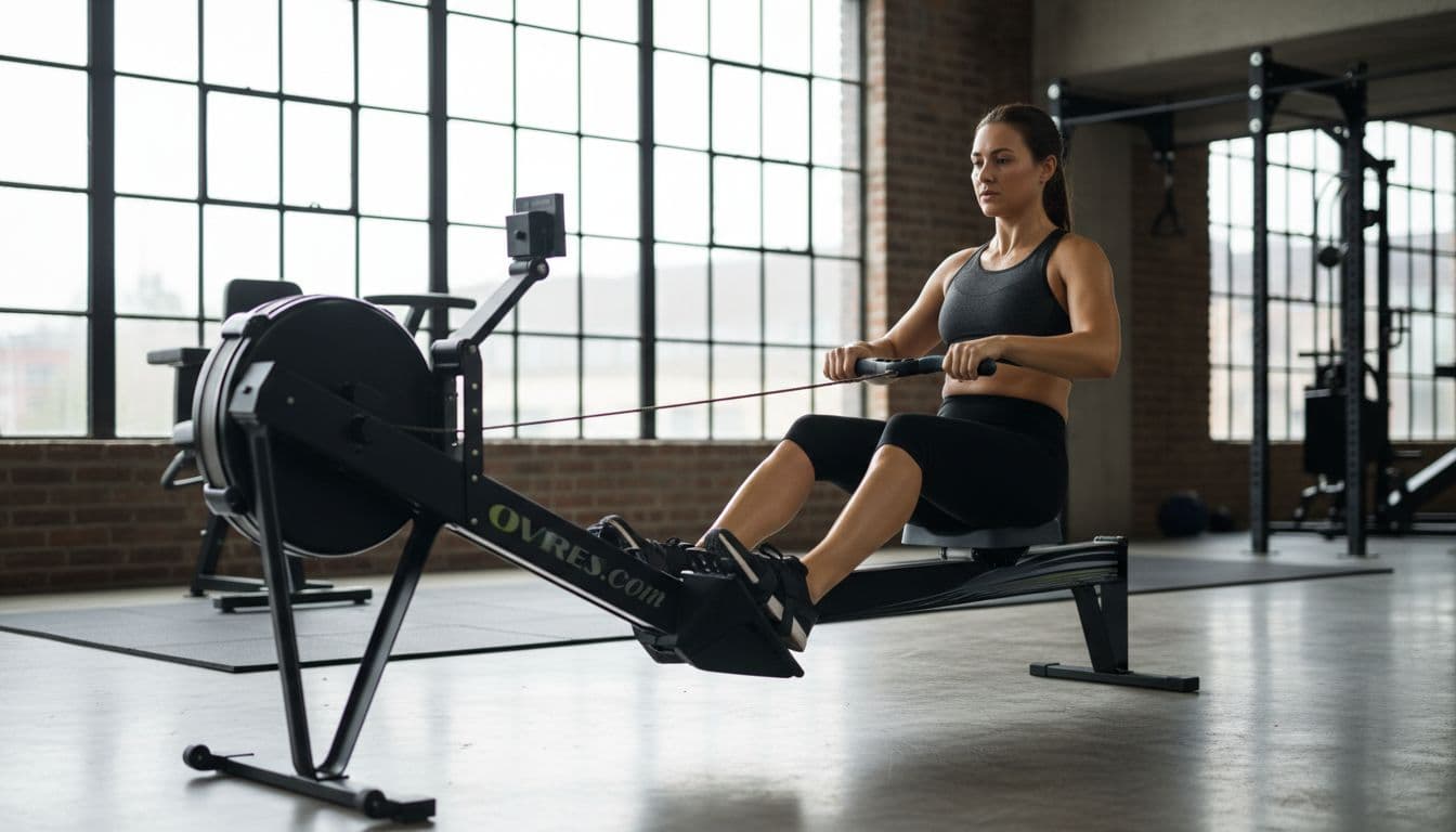 Τα 3 Καλύτερα Αερόβια Μηχανήματα Γυμναστηρίου Για Απώλεια Λίπους 2 A person rowing on a gym rowing machine in a dynamic full-body action pose, set in a modern gym with natural lighting and realistic style.