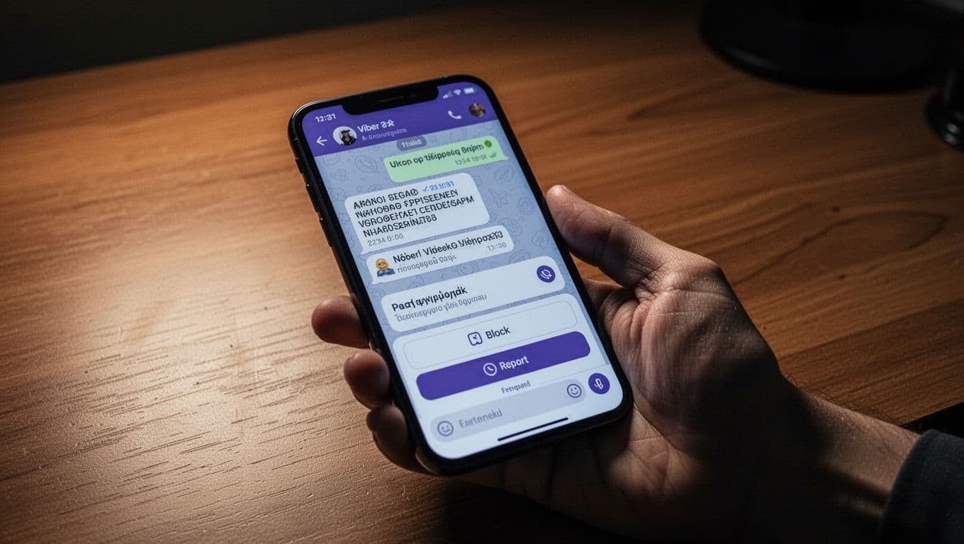 A single hand holds a smartphone on a wooden desk, displaying a Viber chat interface with a spam message and open block/report options, rendered in cinematic style with strong contrast, depth, and dramatic lighting.