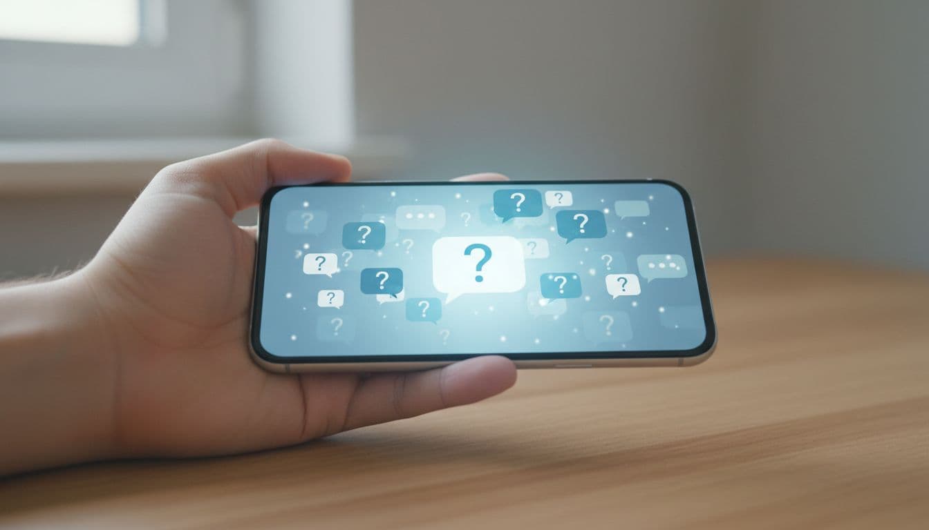 Hand holding a smartphone displaying a blurred Viber chat interface with floating question mark icons and speech bubbles indicating common FAQ queries for message recovery, in soft blue tones on a wooden desk.